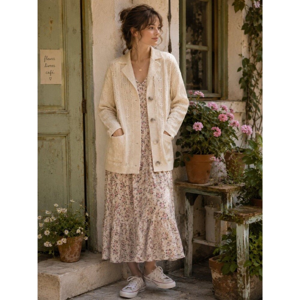 Vintage Dorce for Leroy Knit Cardigan Sweater Jacket Wool Aran Eyelet Cream L